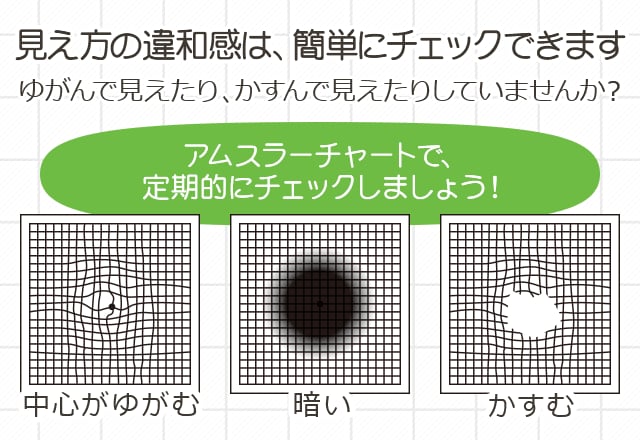 見え方の違和感は、簡単にチェックできます ゆがんで見えたり、かすんで見えたりしていませんか？
