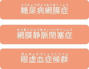 糖尿病網膜症、網膜静脈閉塞症、眼虚血症候群